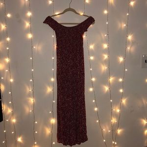 open legged, long, off the shoulder sundress